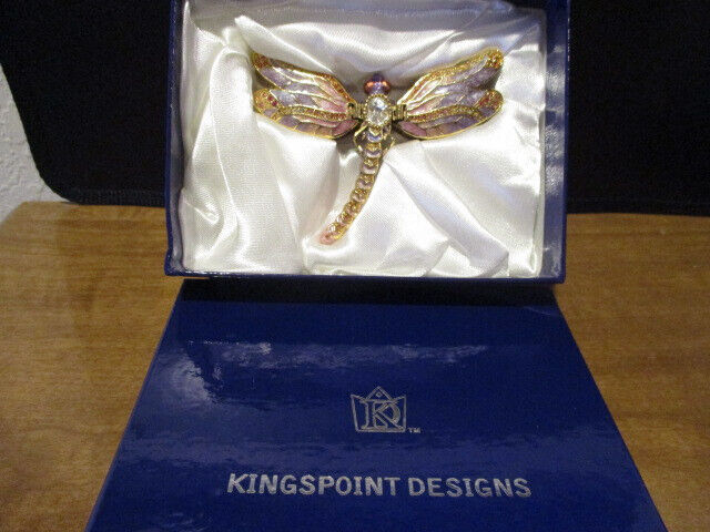Kingspoint Designs Enamel & Bejeweled Crystal Dragon Fly Trinket Box & Necklace