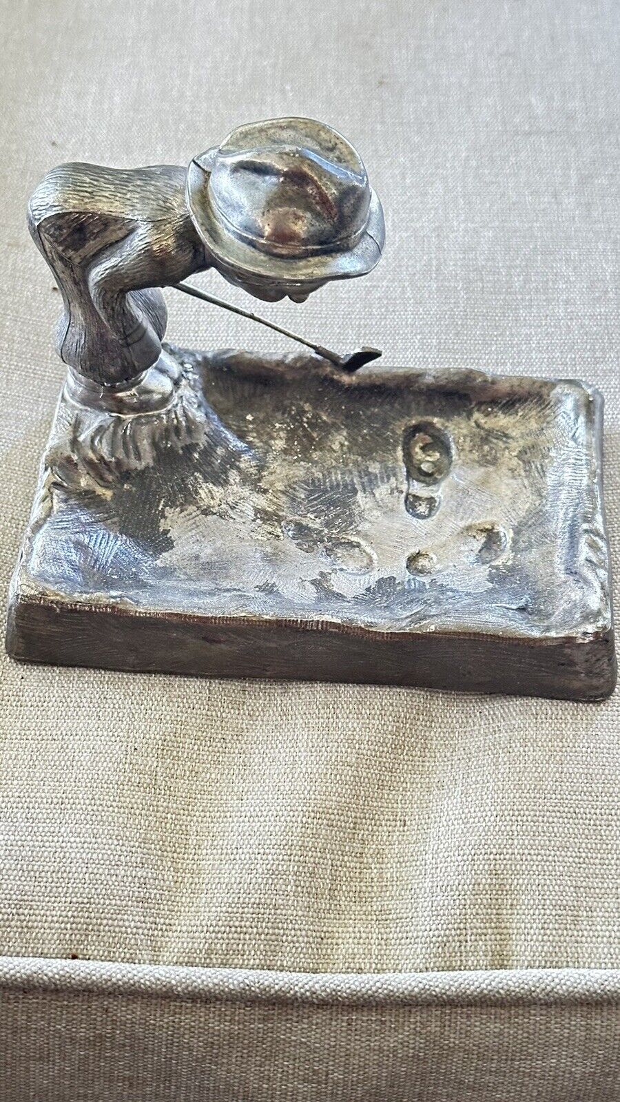 Silver / Pewter Golfer In Sand Trap Ashtray - Trinket Dish Vintage 1950’s Signed