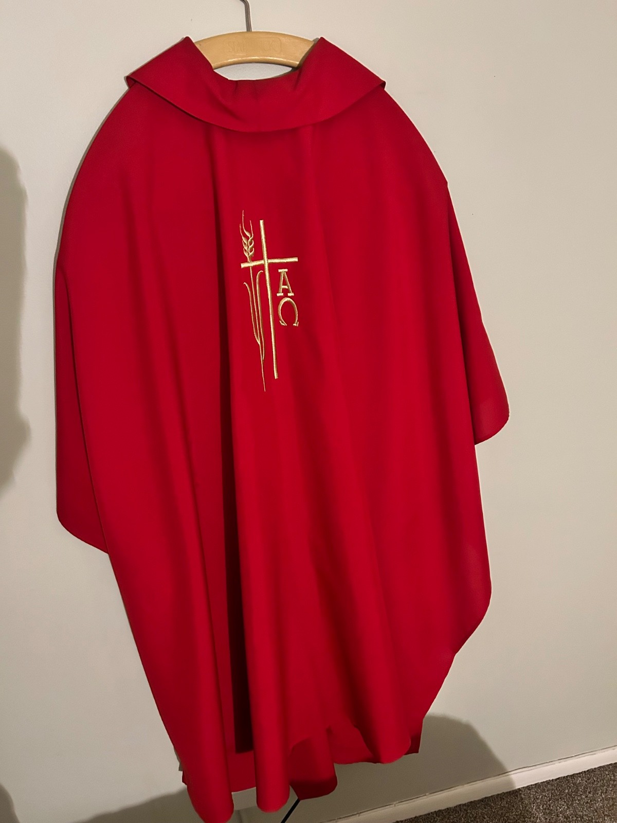 Red Catholic Priest Chasuble with Matching Stole – Gold Alpha Omega Embroidery