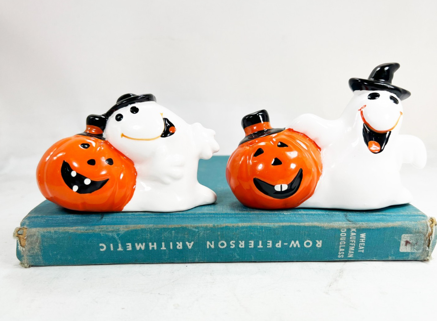 Halloween Ghost Pumpkins Two Vintage Ceramic Jack-o-Lantern Figurines Figurine