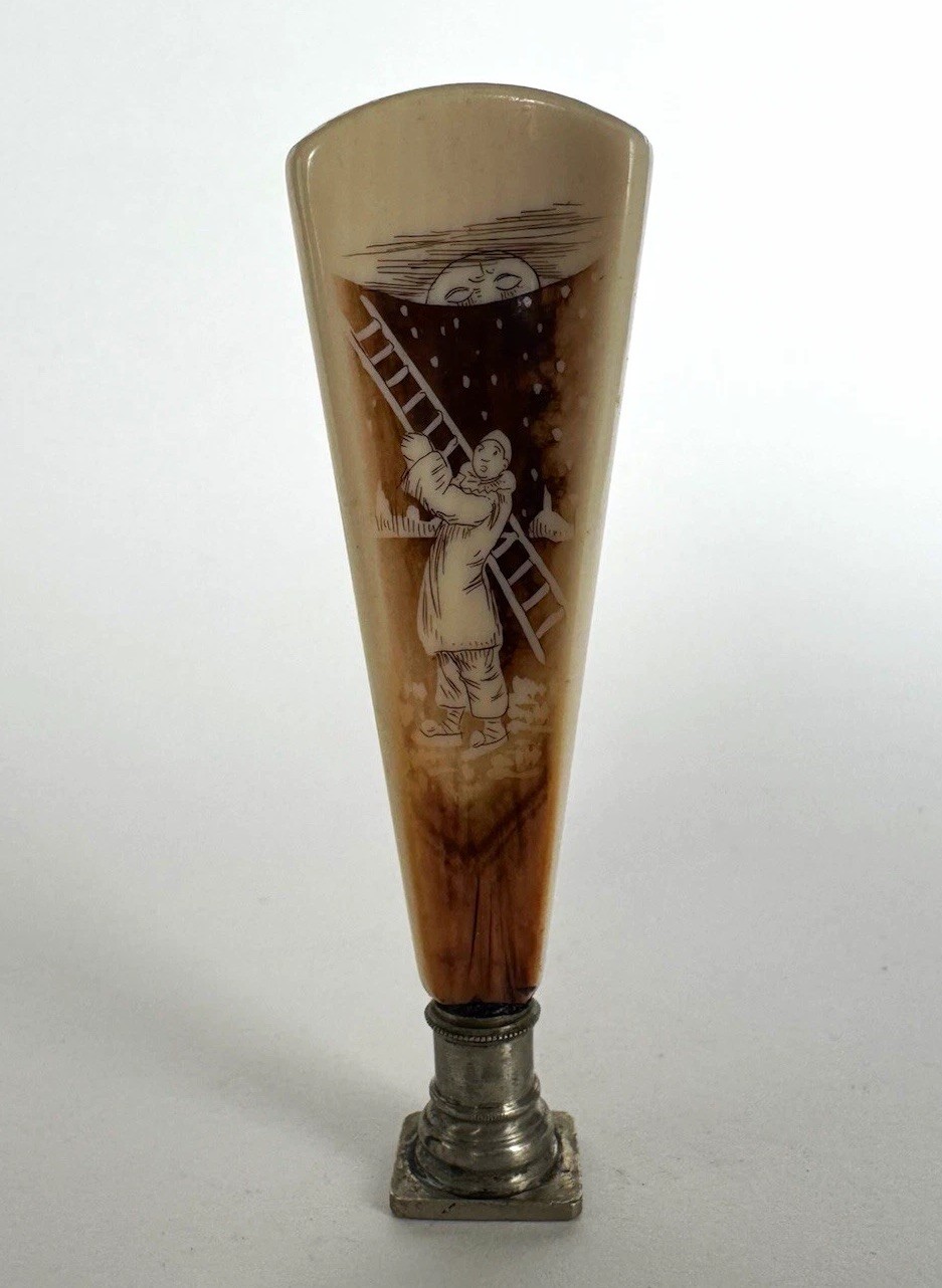 Antique 19th Century French Bone Pierrot Wax Seal Stamp Bronze Monogram AD