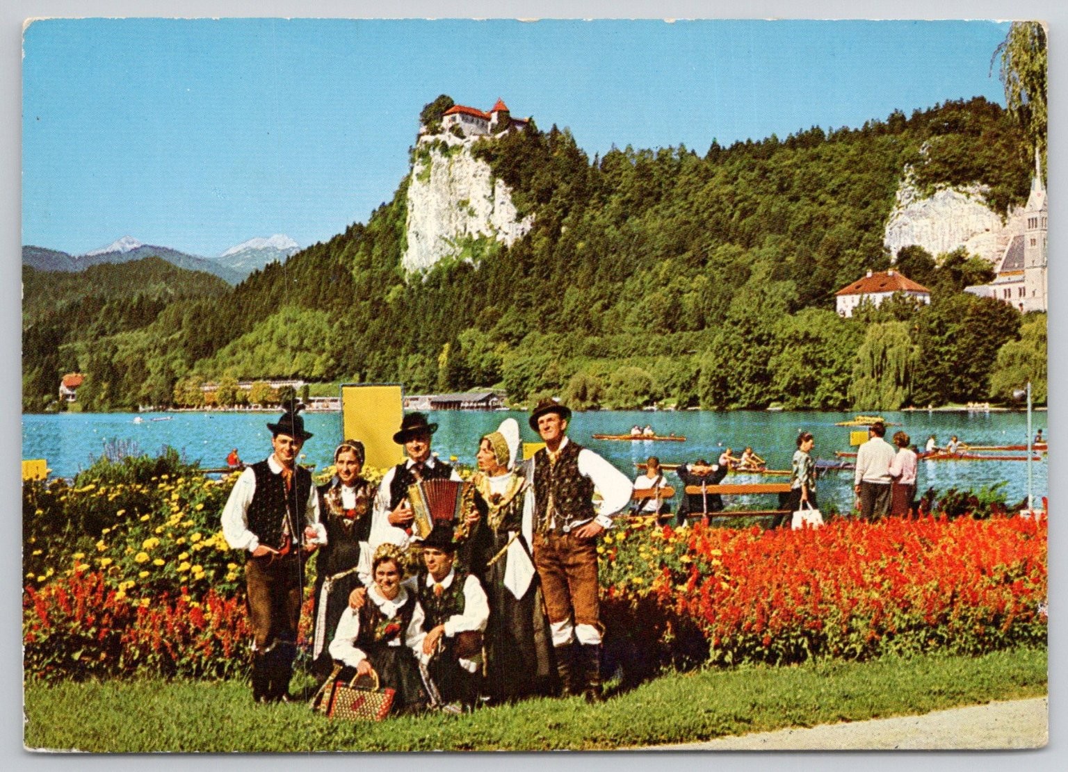 Vintage Slovenia Lake Bled Postcard - Folk Costume Yugoslavia Kompas