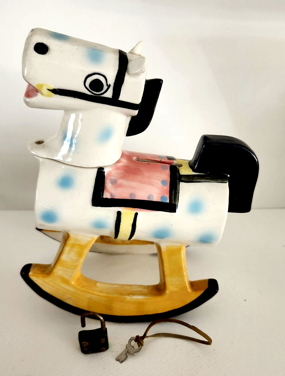 Vtg. Ceramic Hand Painted  Rocking Horse Bank , Lock & Key , Japan 8\