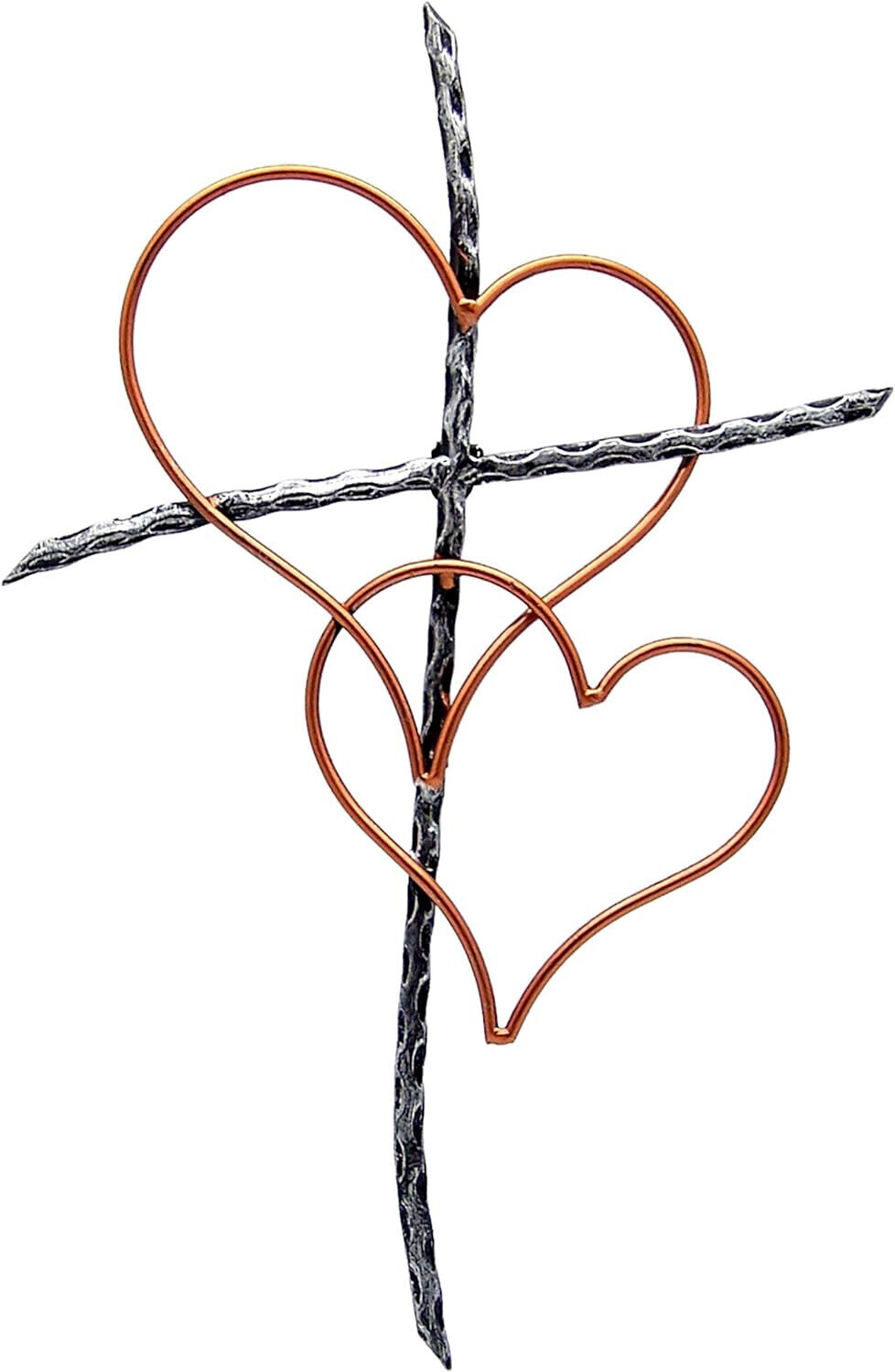 Silver Toned Metal Wall Cross with Two Interwoven Bronze Toned Hearts