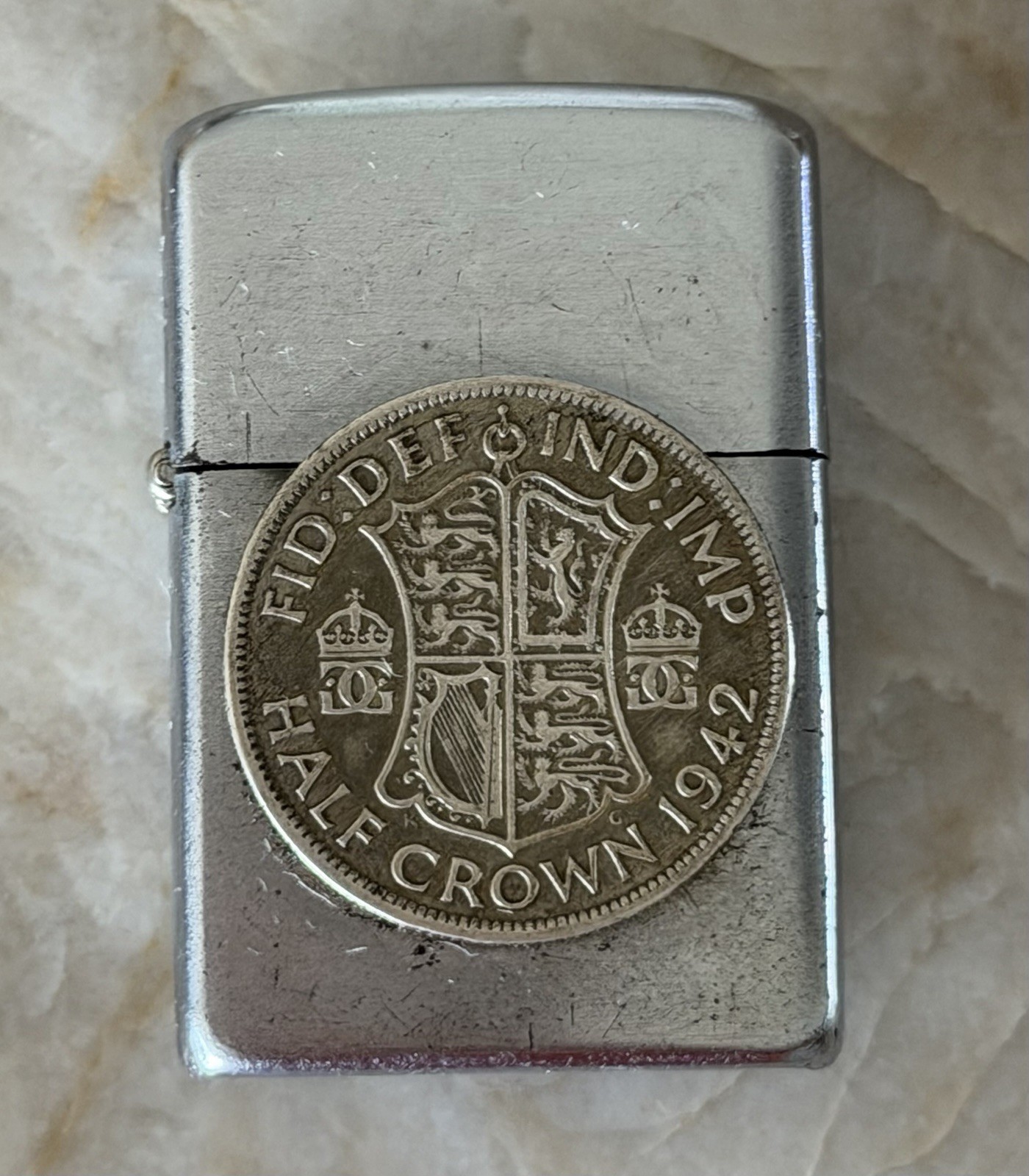 Zippo Lighter w/ PAT 2032695 WII Soldier 1942 Half Crown & 1948 One Penny Coins