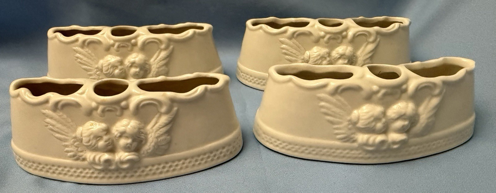 Vintage German Dresden Style Cherub Porcelain Triple Bud Vases Set of 4