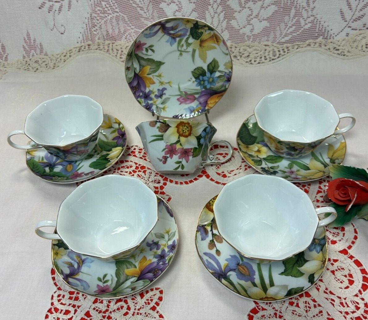 Vtg-NEW- Porcelain Treasures - Hand Painted- Betty Platner-5 Tea cups & Saucers
