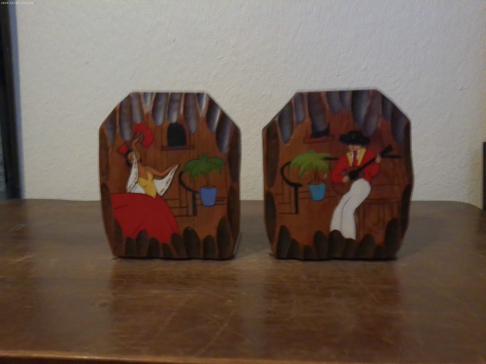 Vintage Collectible Mexican Folk Art Wood Carved Hand Painted Bookends by Chico