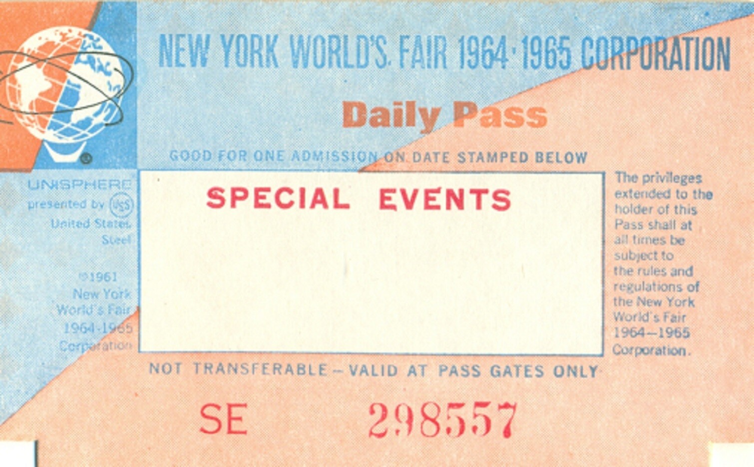 Vintage Original 1964 New York World's Fair Daily Pass Special Events Ticket Vintage Original 1964 New York World's Fair Daily Pass Special Events Ticket
