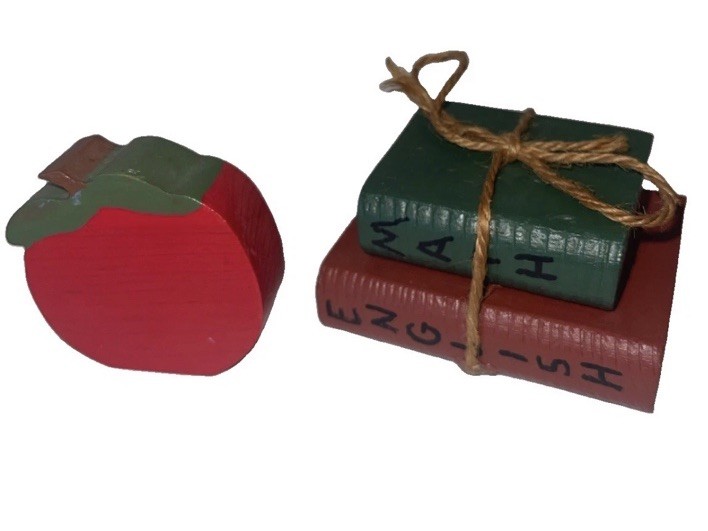 Vintage Miniature Two Figurines Wood Books And Apple Vintage Miniature Two Figurines Wood Books And Apple