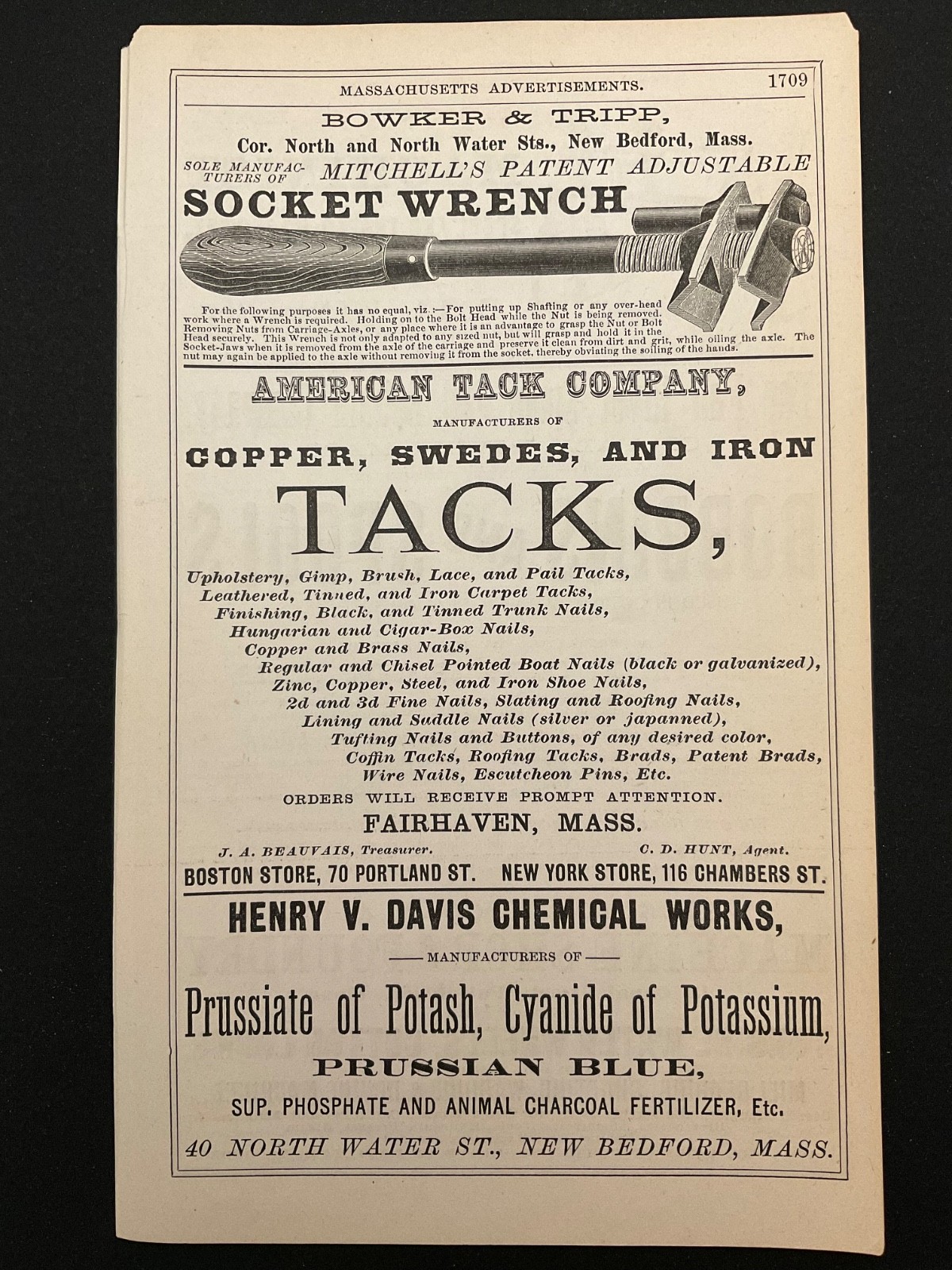 1883 Antique Ad Page American Tack, Bowker & Tripp Wrench, Fall River Spools MA