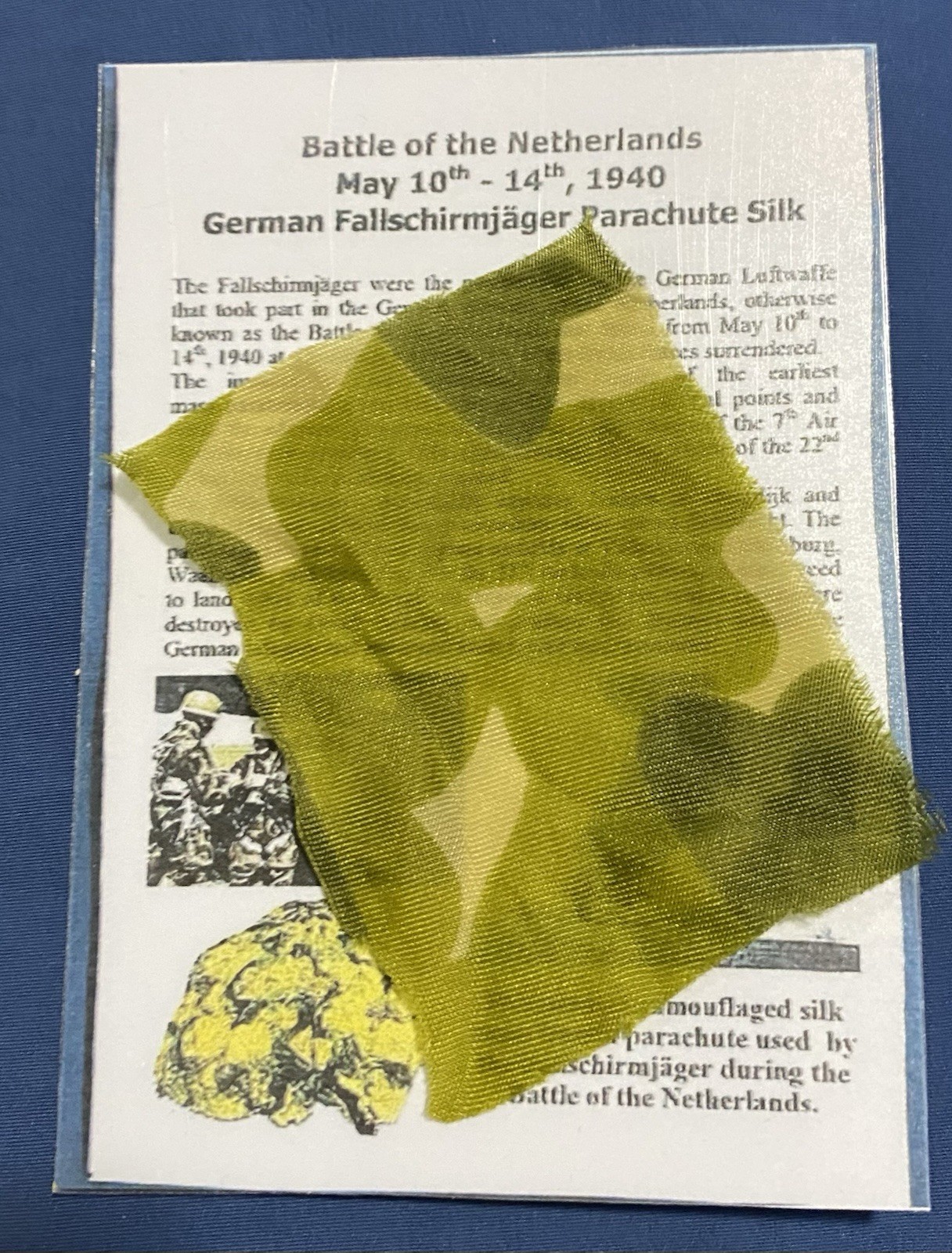 WW2 Relic,Parachute Silk Piece/Swatch,Battle of the Netherlands,May,10-14, 1940