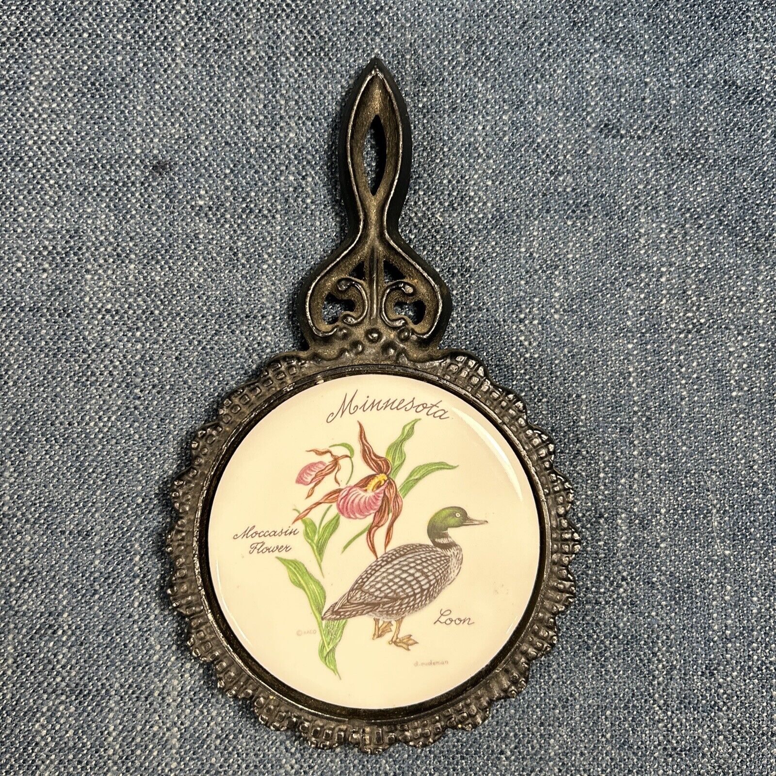 Cast Iron Tile Trivet State of Minnesota Loon And Moccasin Flower (Lady Slipper)