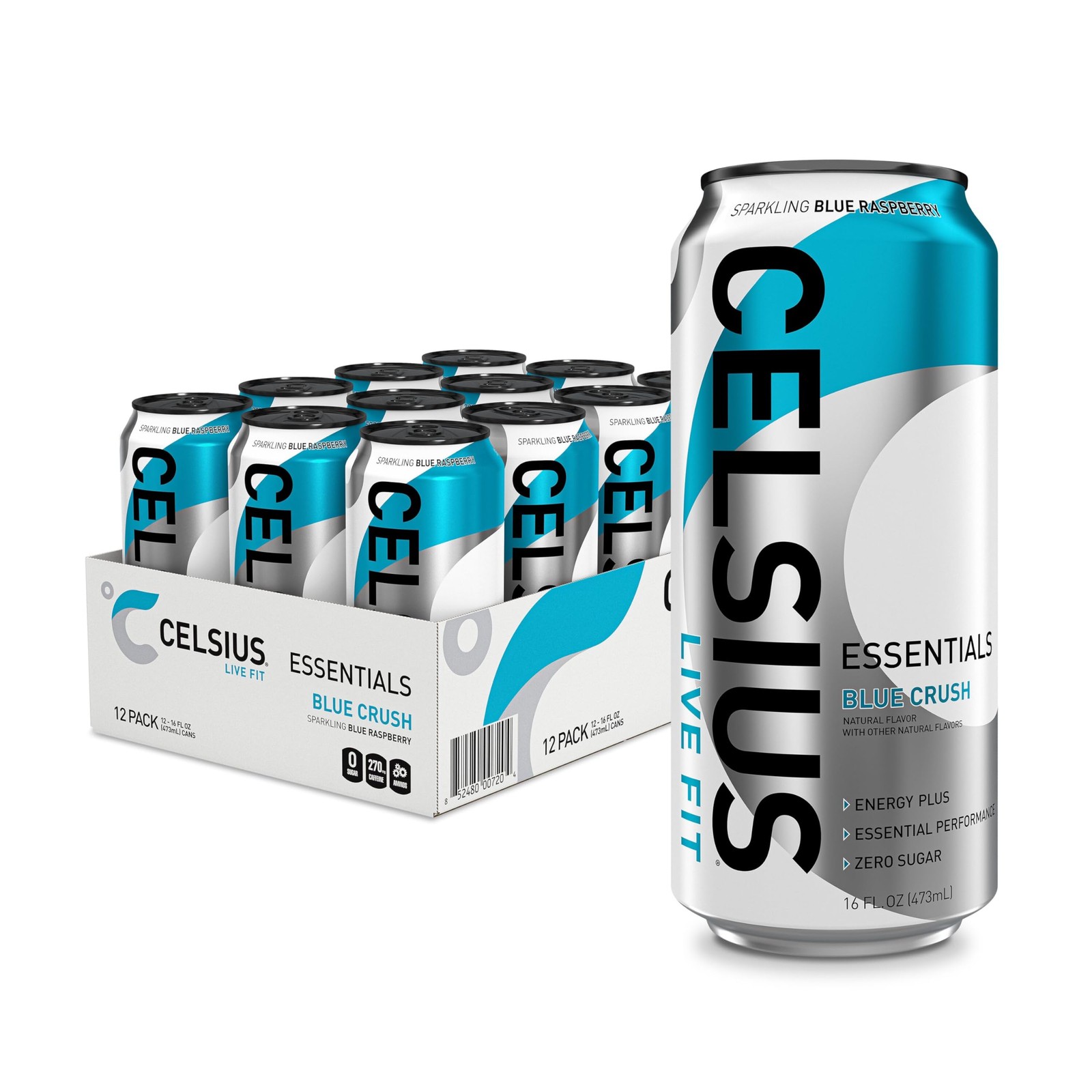 CELSIUS ESSENTIALS™ Sparkling Blue Crush, Sugar 16 Fl Oz (Pack of 12), blue