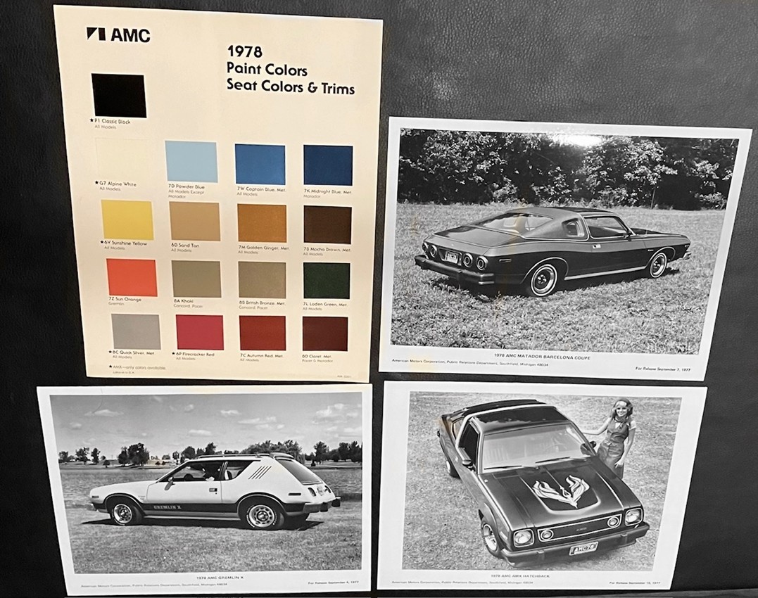 New Original 1978 AMC Lot of 3 8x10 Press Photos 1 Paint Color Sheet AMX Gremlin