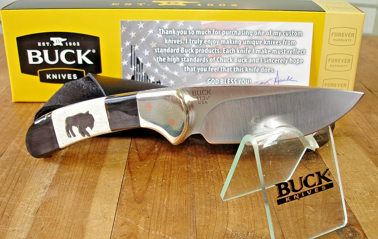 JOE HOUSER CUSTOM BUCK KNIFE 113 SKINNER BLACK BUFFALO INSET BOS S45VN BLADE USA
