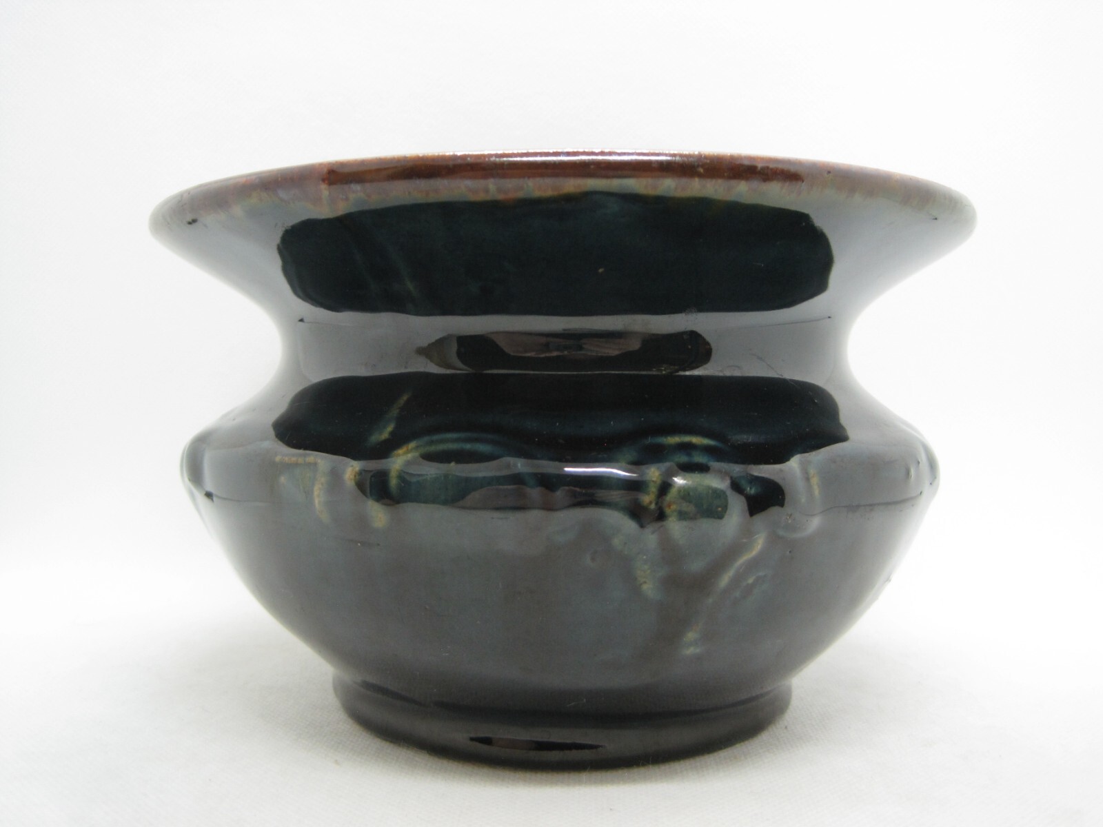 Glazed Spittoon Cuspidor Planter Dark Green & Brown Pottery
