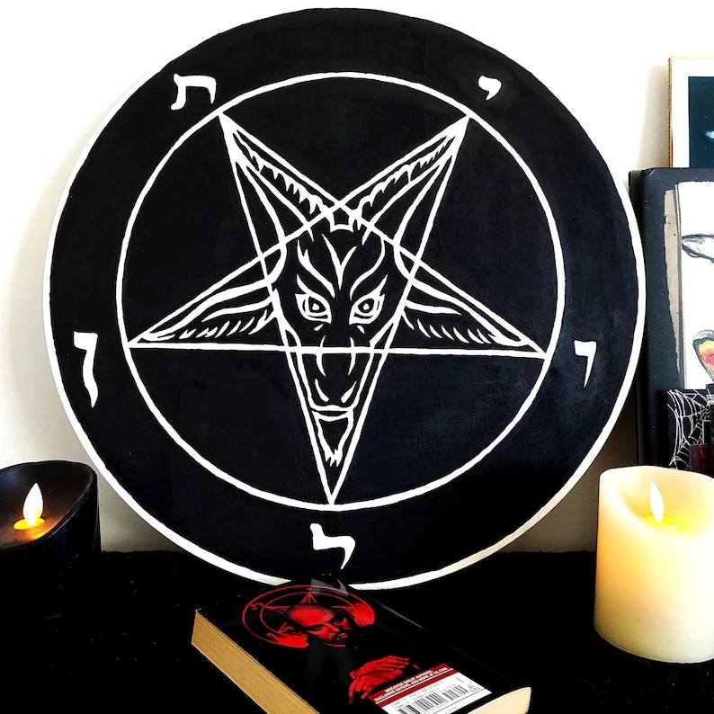 Satanic Altar plaque wood painting Satanism Baphomet Pentagram pentacle Gift