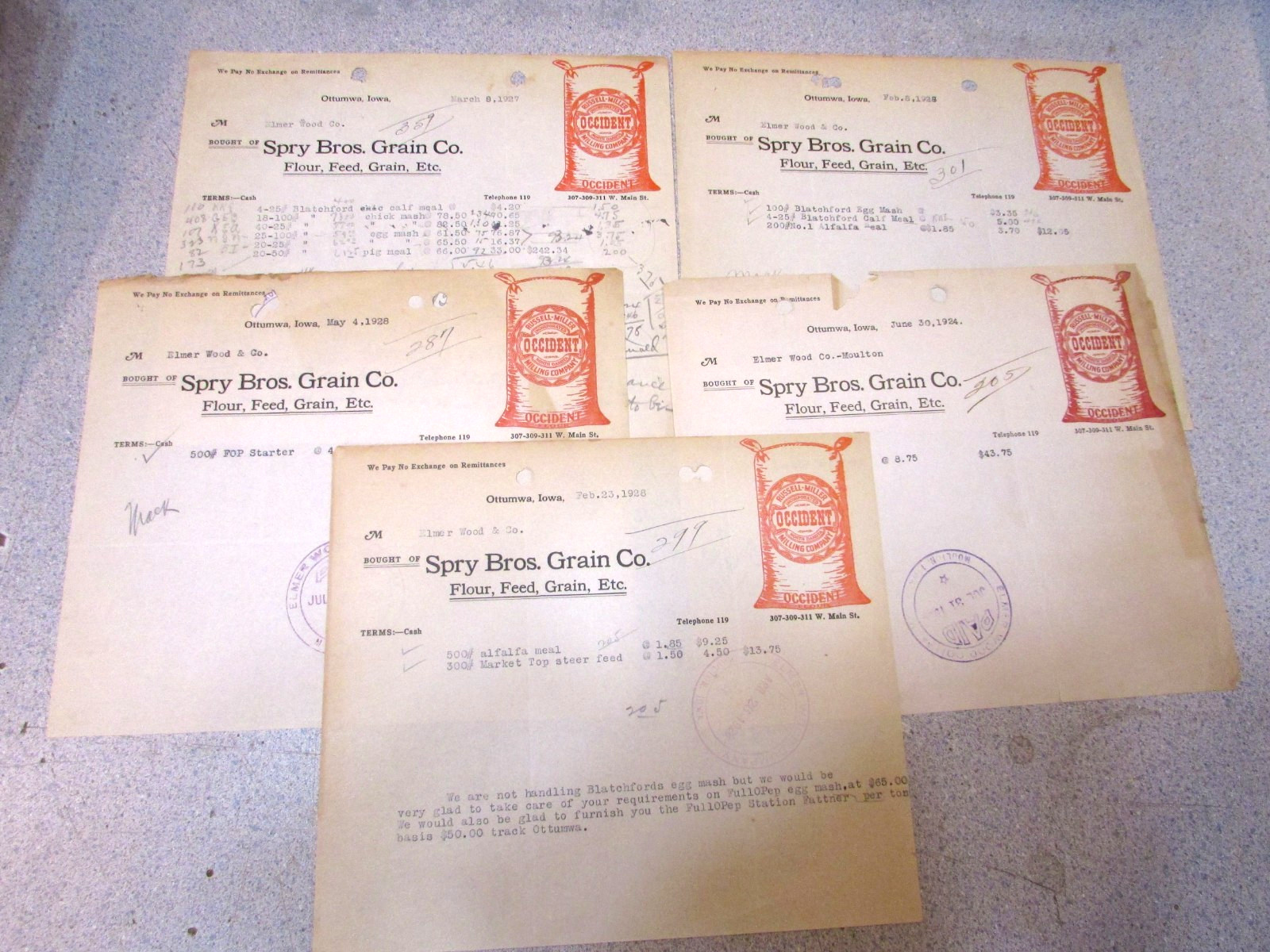 Five Antique 1924-1928 Spry Brothers Grain Ottumwa IA  7.25