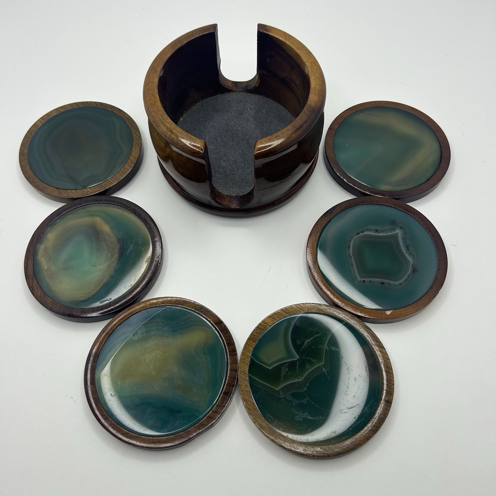Vintage Set of 6 Wood Agate Blue Crystal Stone Coasters Mid Century