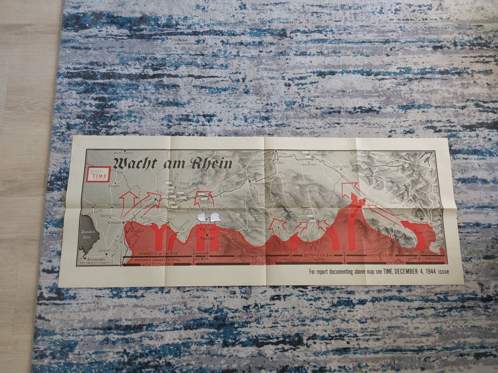 1944 R.M. Chapin Time Magazine WWII Map Watch on the Rhine Invasion of Germany