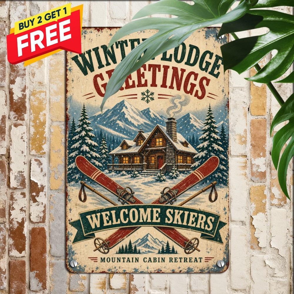 Skiing Enthusiast Gift Metal Sign Winter Mountain Holiday Wall Tin Plaque 8x12