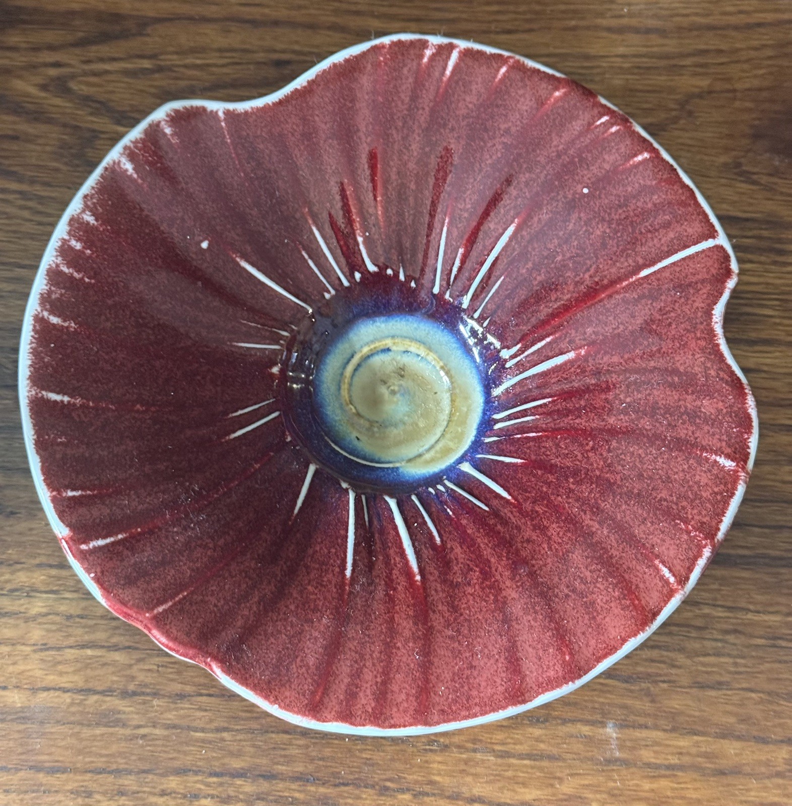 Studio Pottery Red Poppy Flower Dish Signed CW Scalloped Edge ~8”