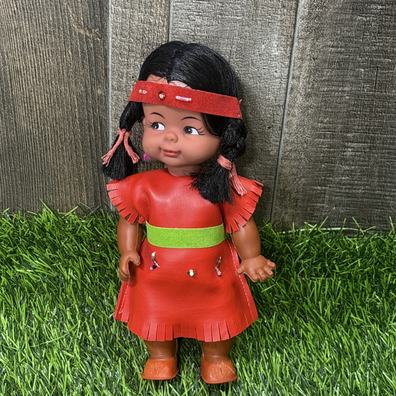 Vintage Hong Kong Native Girl Doll Red Fringe Dress Braids Ethnic Figure