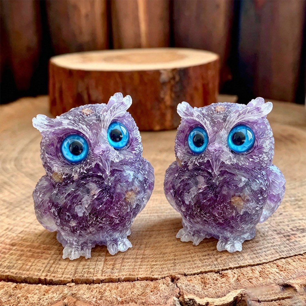 2pcs Natural Amethyst Crystal Owl Carving Figurine Decor Healing Stone Animals