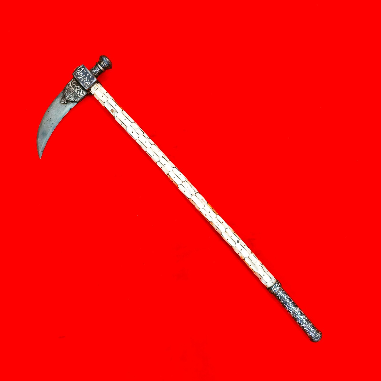 Old Vintage Indo Persian Mughal Islamic Wootz Silver Horsemen's Zaghnol Axe MOP