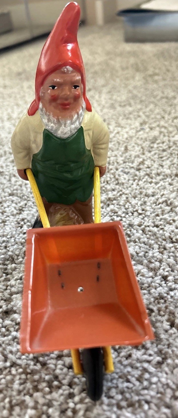 Vintage Heissner terra-cotta gnome Pushing Wheelbarrow 1940-1950s (6”Tall)