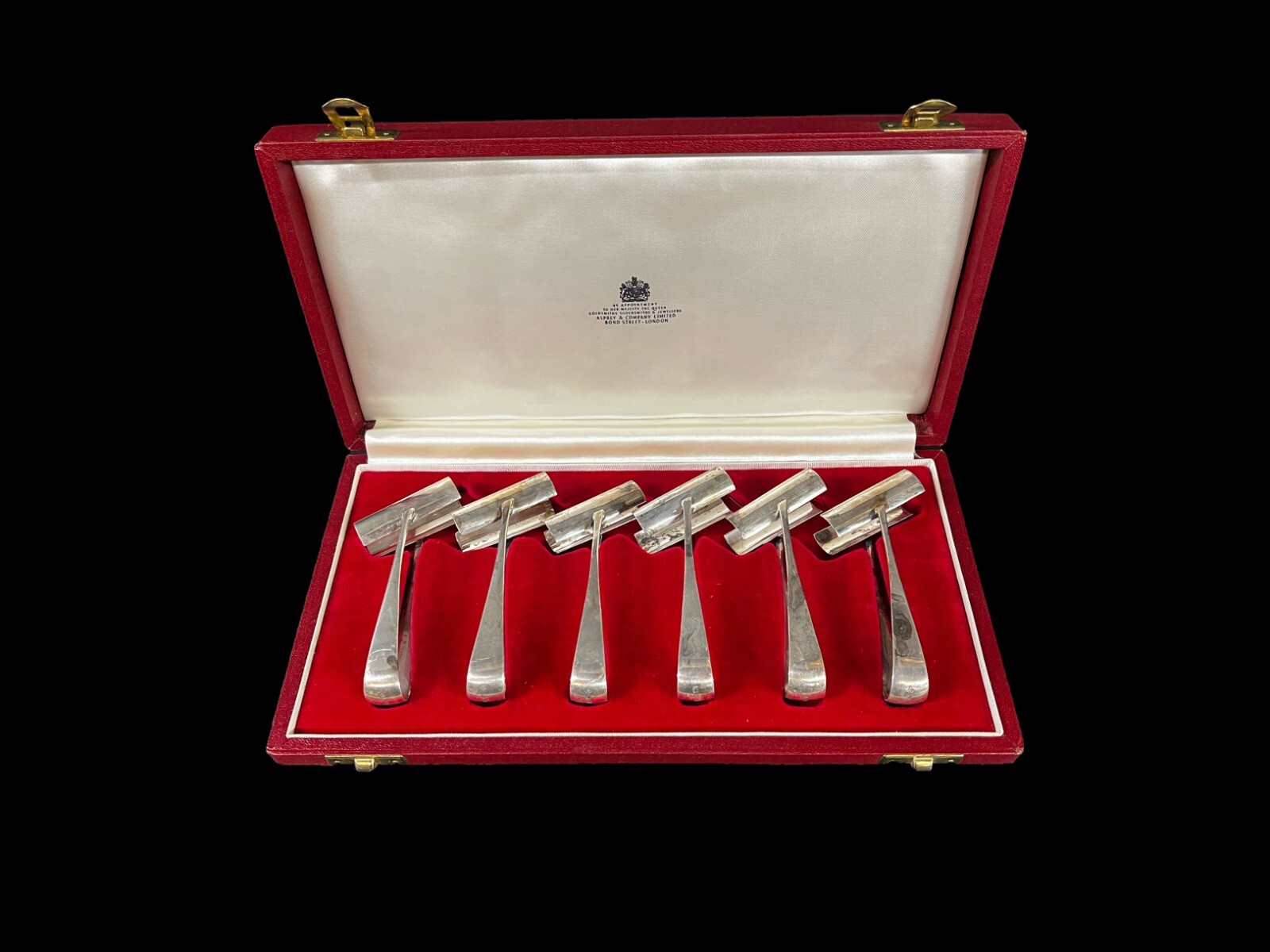 6pc set Asprey & Co Sterling Silver Individual Asparagus Tongs  1975