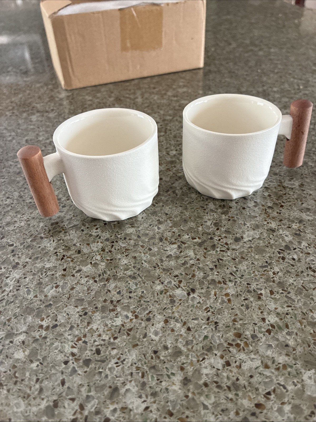 Two -Cute- Unique- Mini- Ceramic Tea Cups W/wooden Handles
