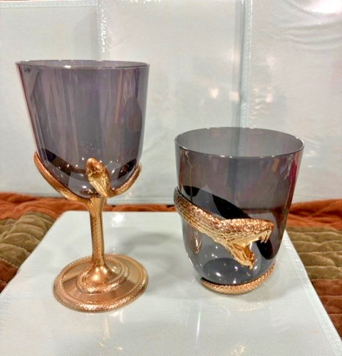 SKELETON HAND GLASS CUP SET HALLOWEEN SNAKE SILVER BLACK & GOLD COLOR ~NEW~