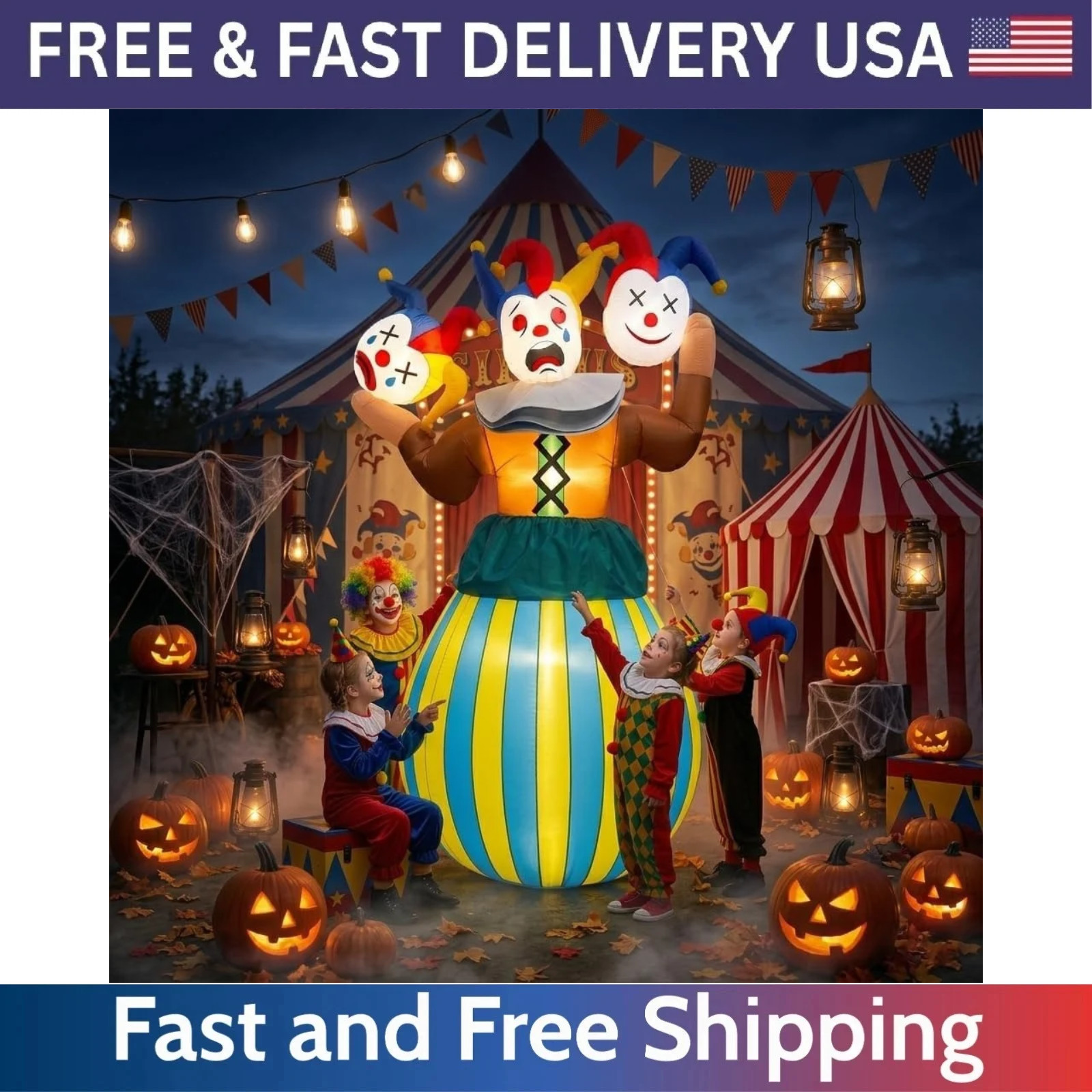 8FT Giant Halloween Inflatable Scary Jester 3 Headed Clown Flashing LED Carnival