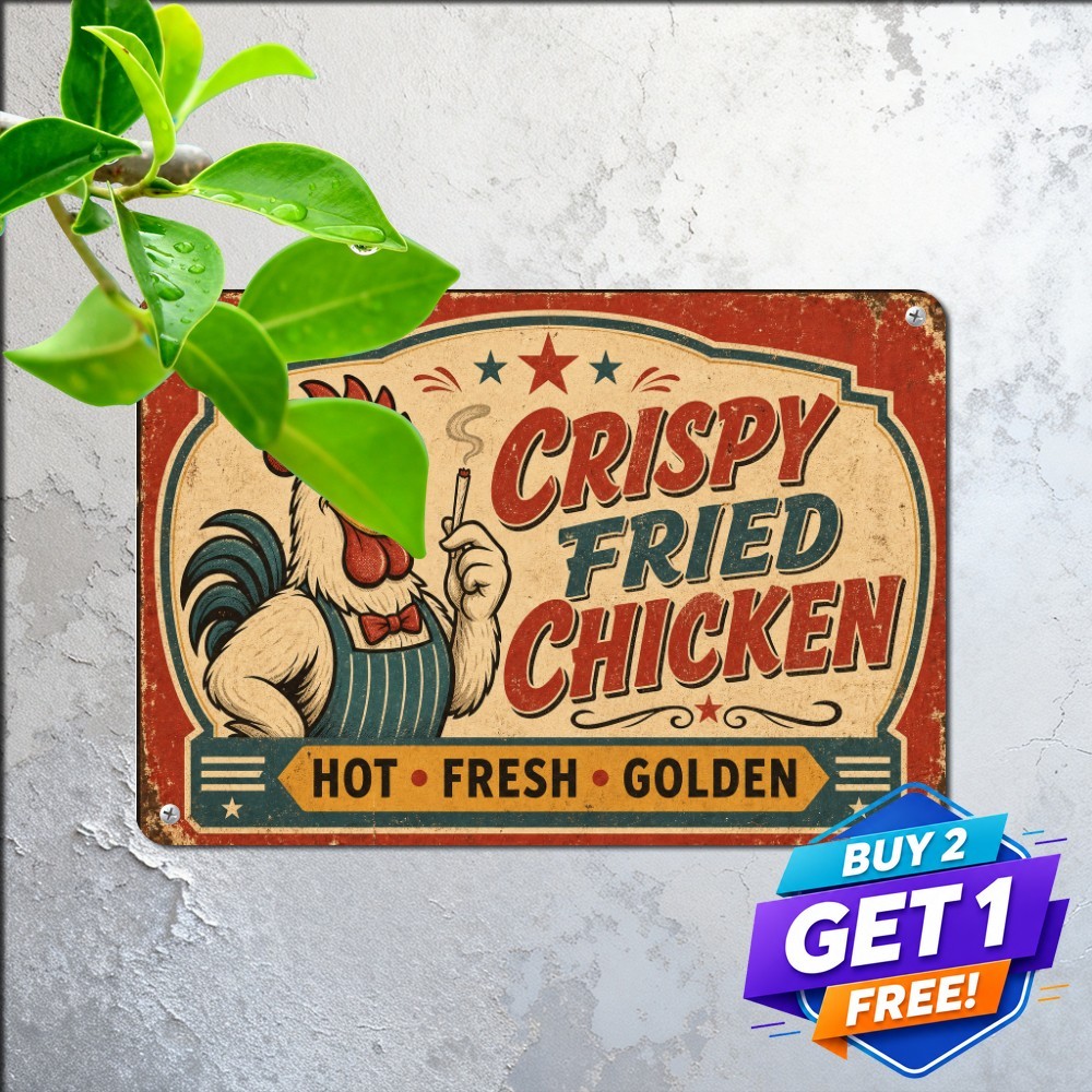 Vintage Crispy Fried Chicken Sign Diner Rooster Metal Wall Decor Tin Plaque