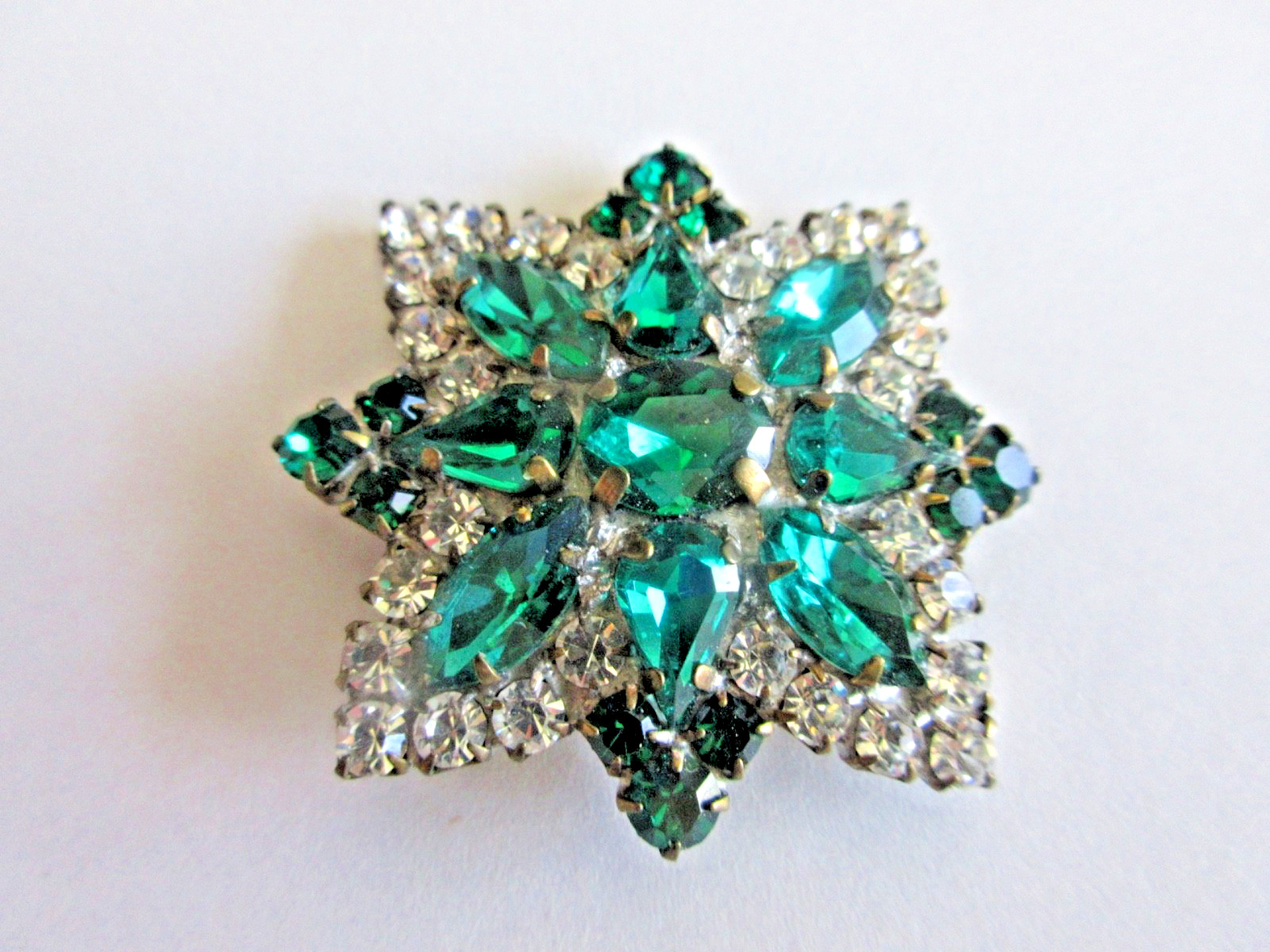 XL Gorgeous Czech Vintage Style Glass Rhinestone Button  Crystal & Emerald Greem
