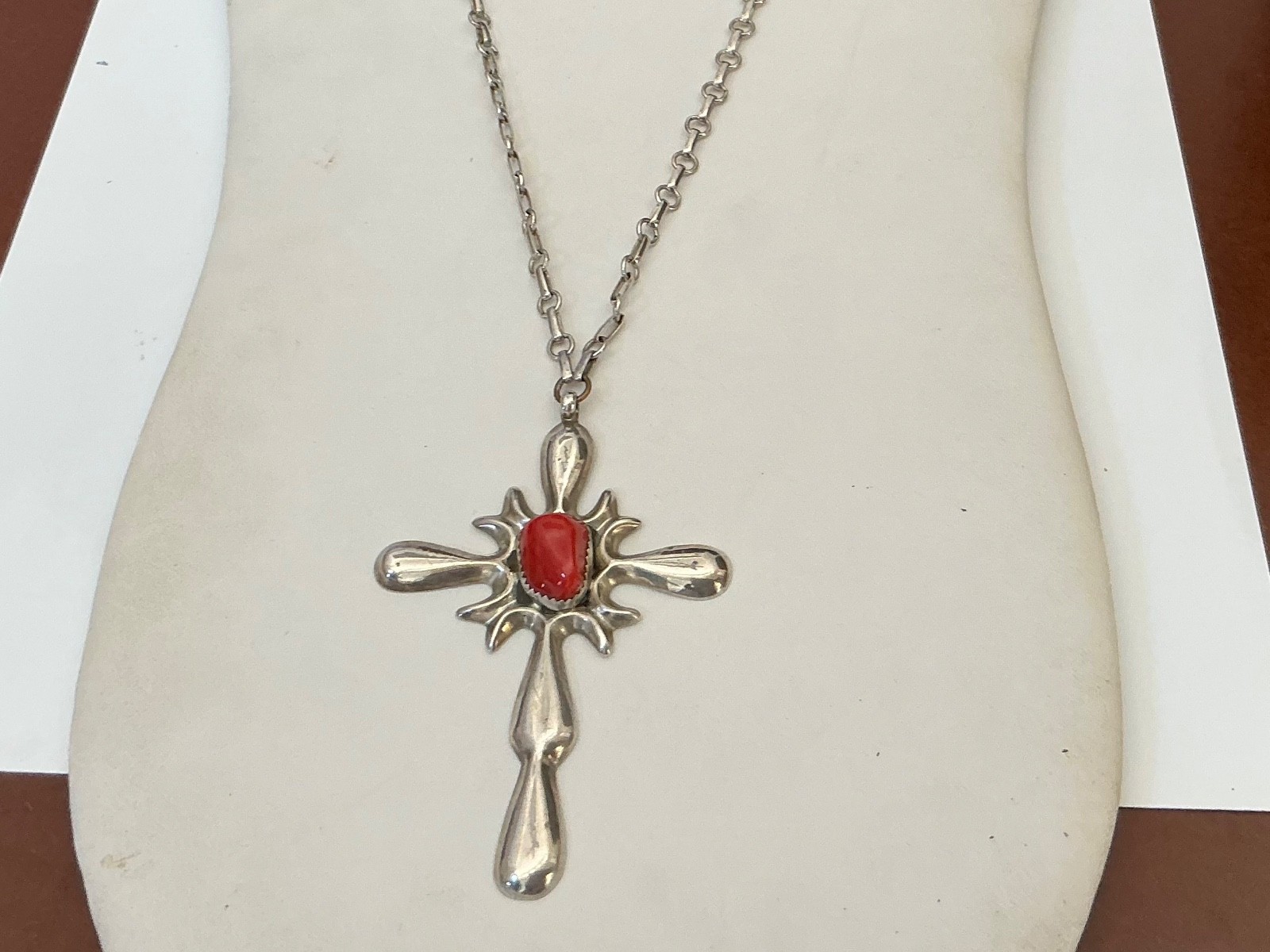 VTG Native American Sterling Silver Lg Stylized Cross w/Red Coral and 28