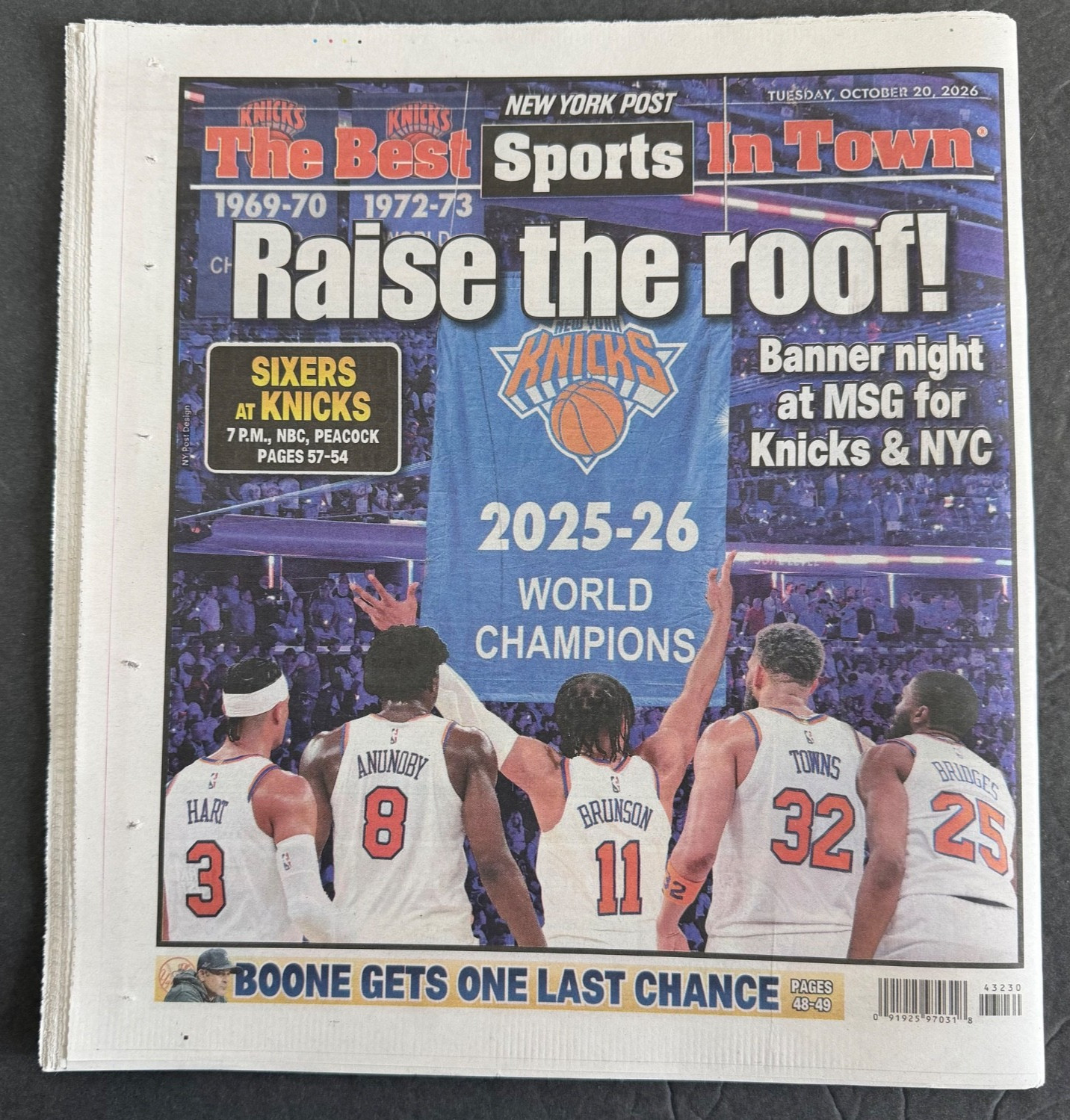 NY Knicks New York Post World Champions 10/20/2026 Banner Night NYC Newspaper