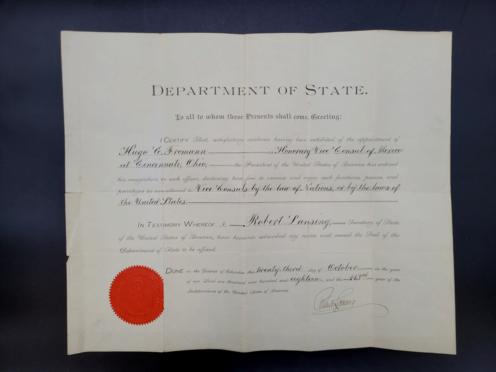 Robert Lansing Historical Department of State Diplomatic Doc. Signed Mexico USA