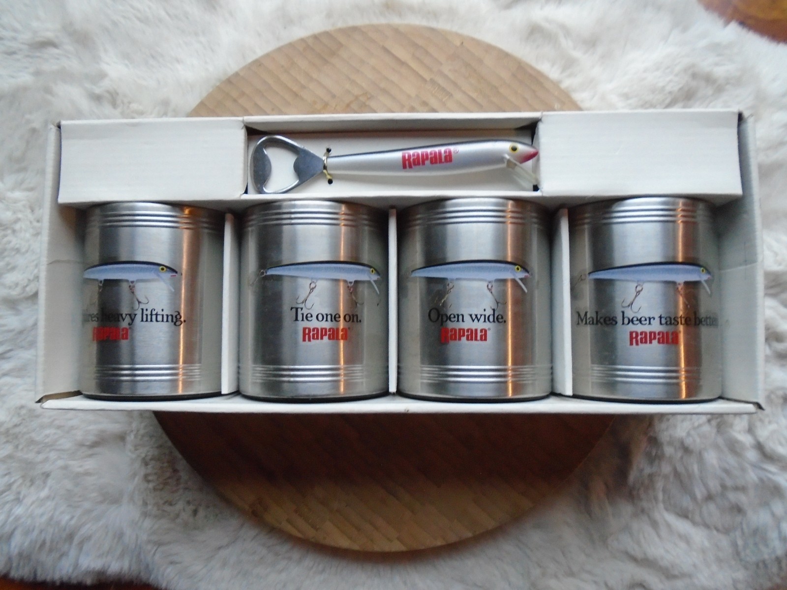 New Rapala Old Stock Fishing Lure Bottle Opener and 4 Aluminum Can Koozies Rare