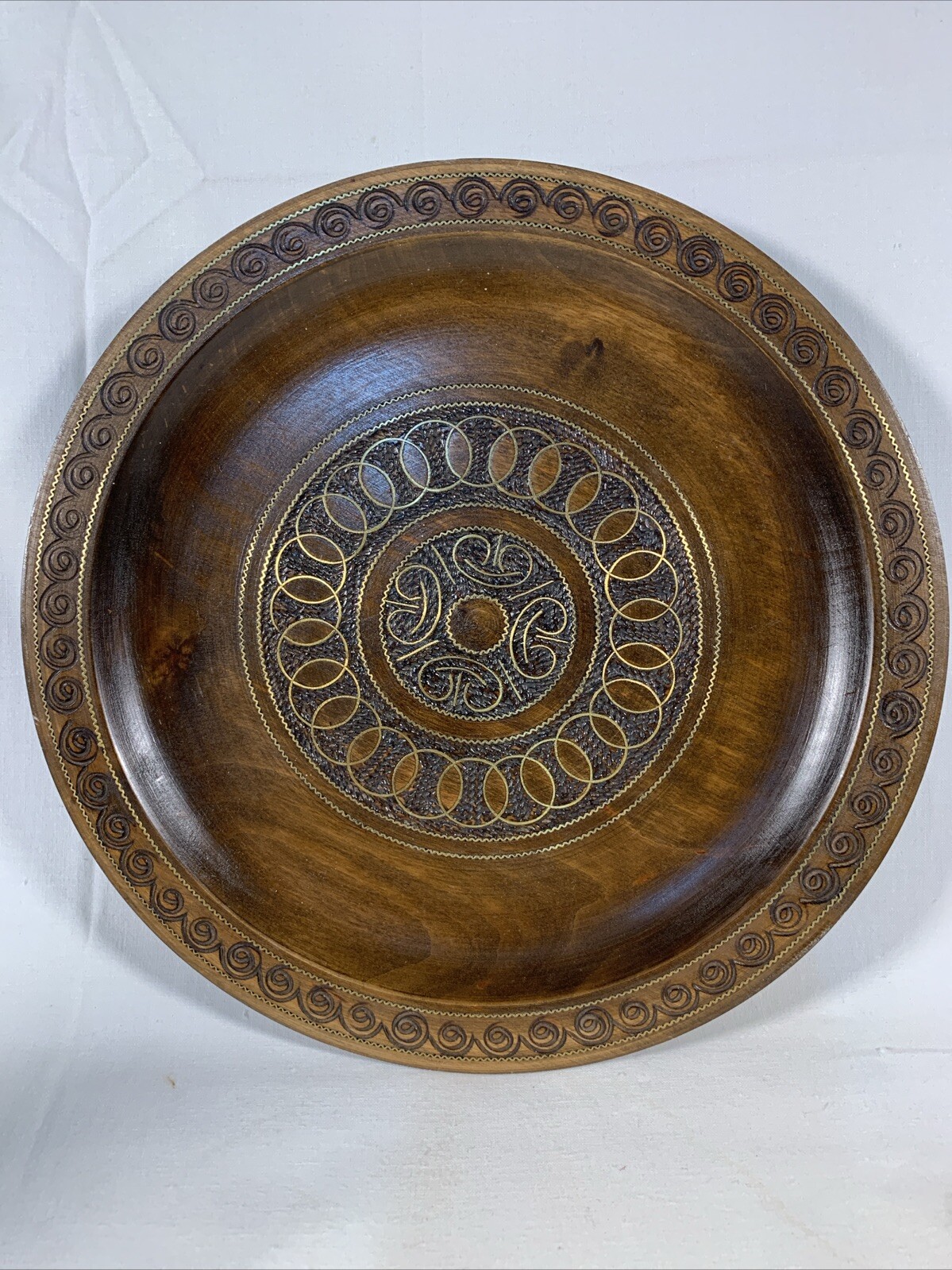VTG POLISH 8.5” W Wood Platter Gold & Copper Cloisonné Floral W/Scrolls Inlays