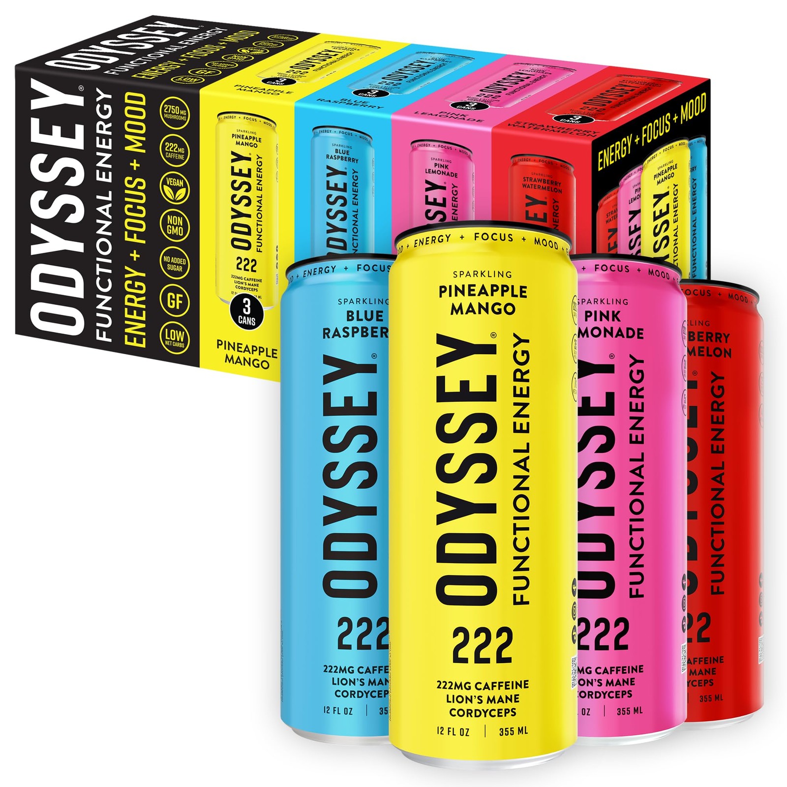 Odyssey Functional Energy Drink, 222mg Caffeine, Variety Pack, 12 OZ 12 Pack