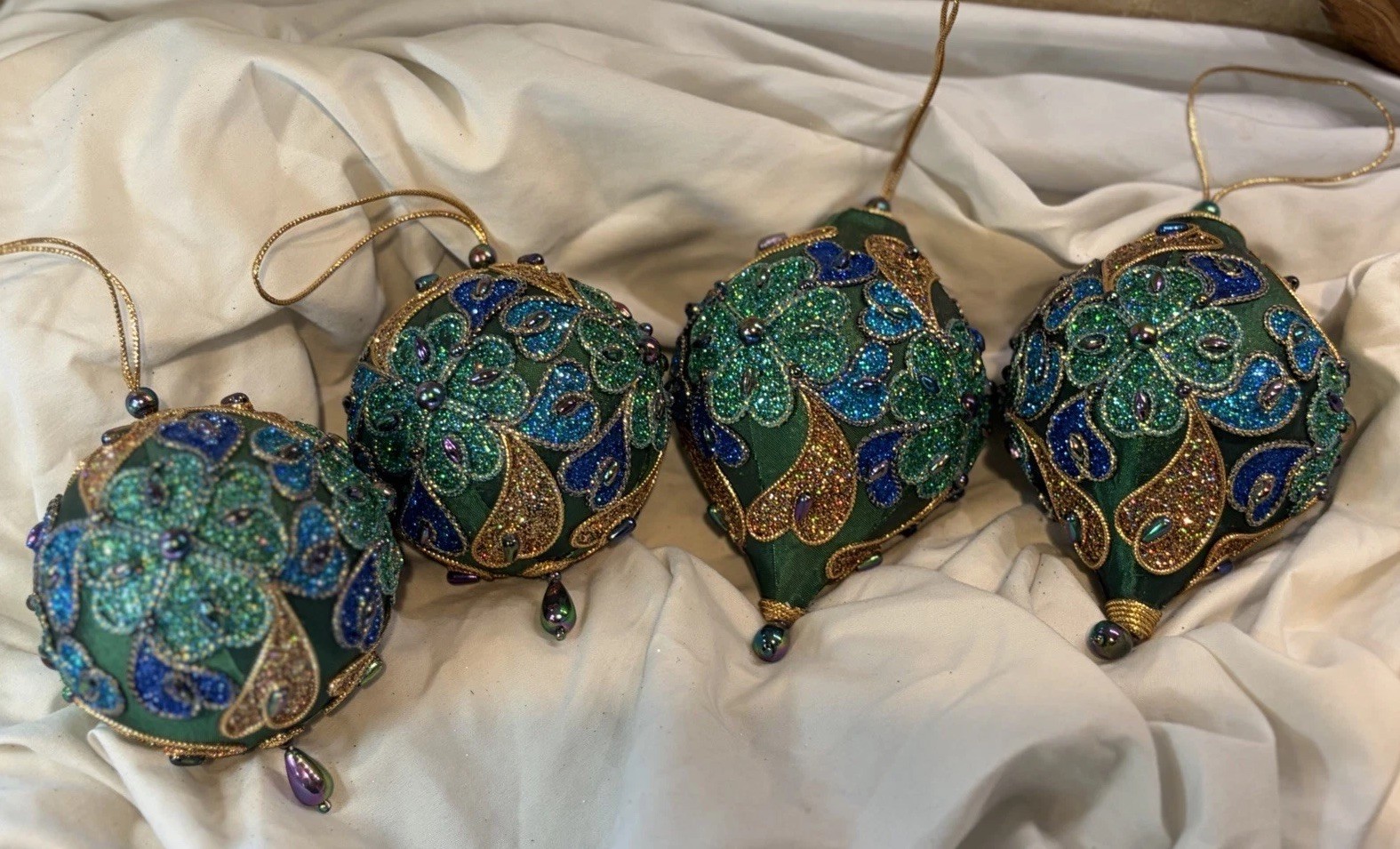 Peacock Christmas Ornaments Glitter Beads Fabric Embellished Set 4 Pier 1? 3\