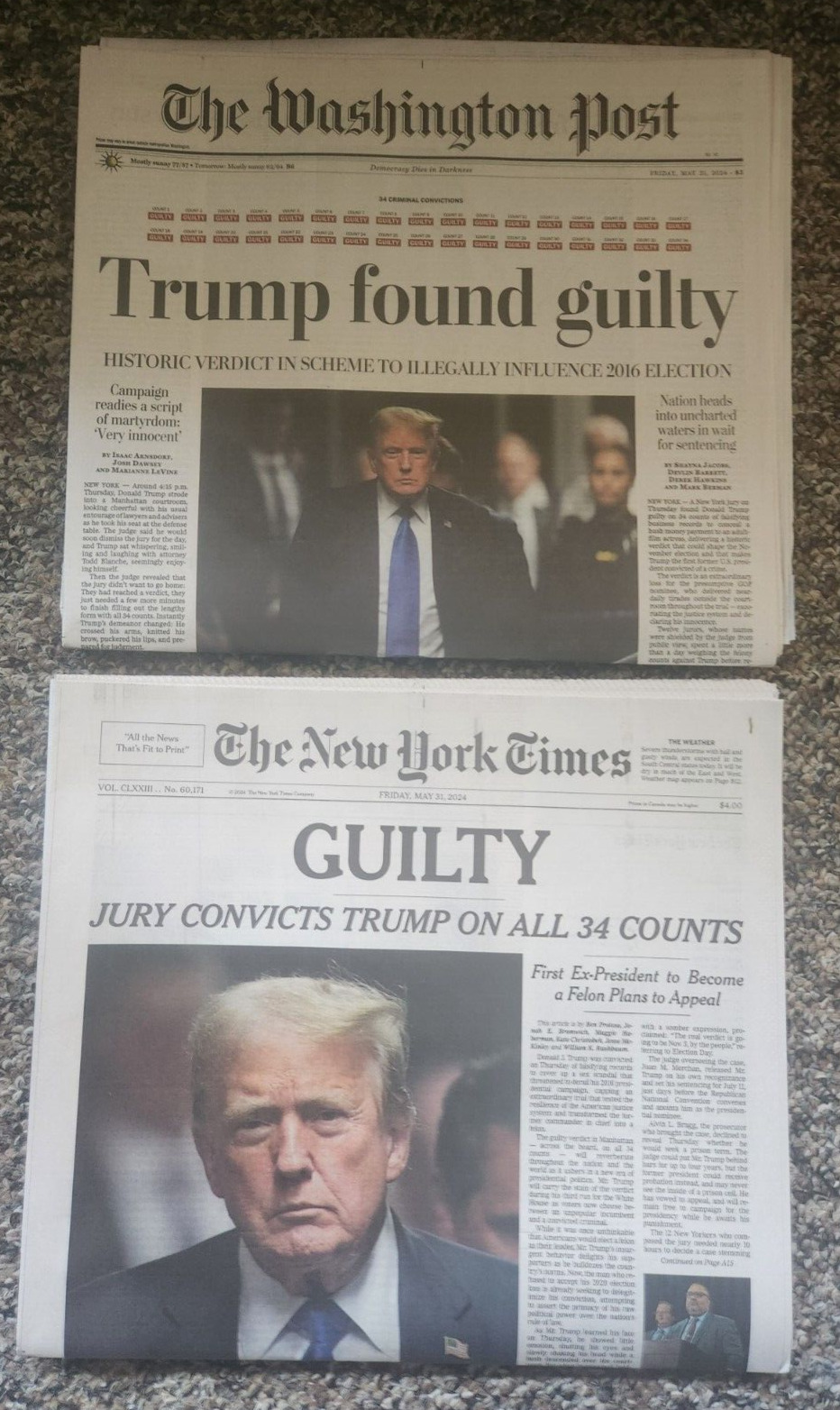 New York Times  & Washington Post Trump Guilty May 31, 2024 Mailed inFlat Mailer