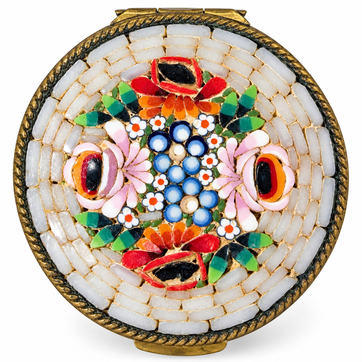Vintage Italian Micro Mosaic Pill Box Brass Hinged Trinket Box Floral Design