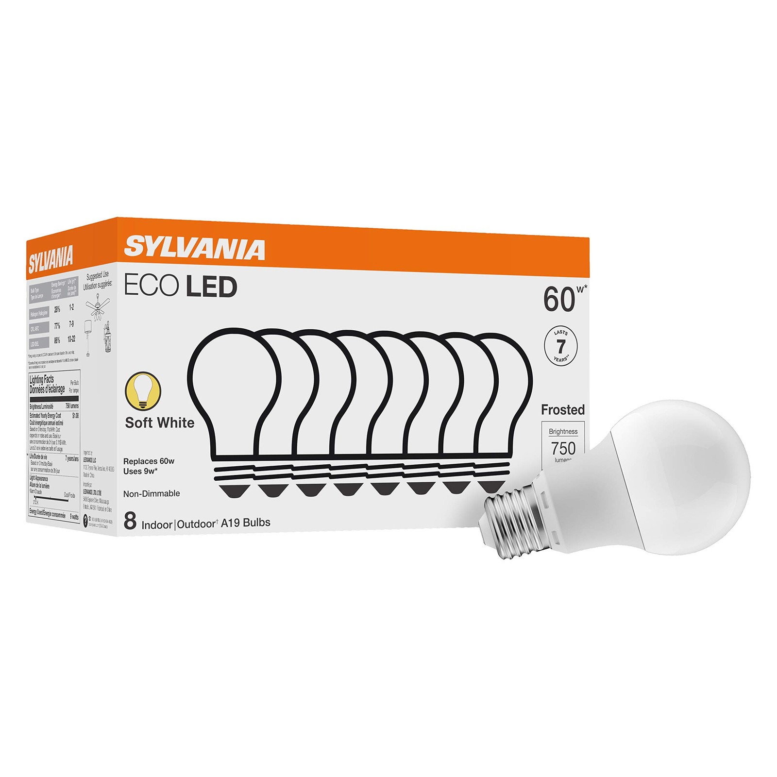 Sylvania ECO LED Light Bulb, A19 60W 8 Count (Pack of 1), Soft White