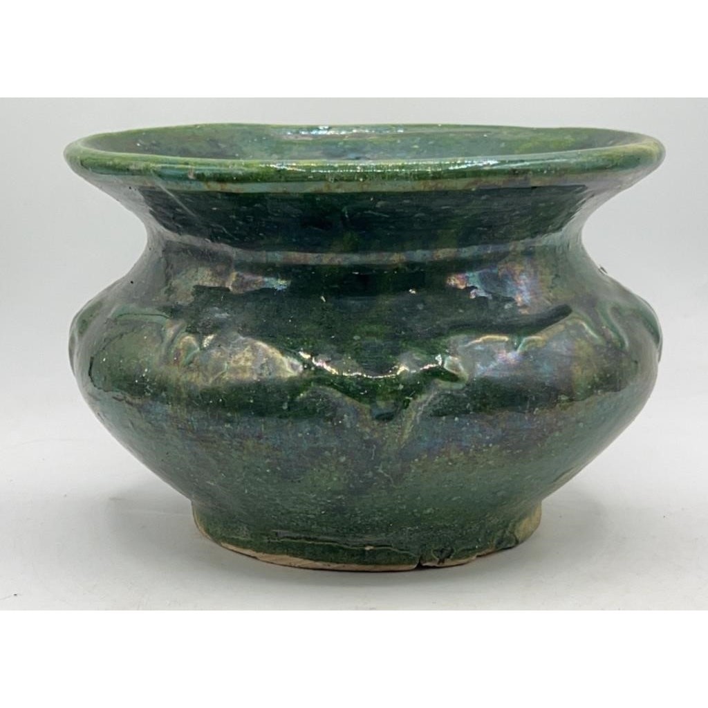 VTG Green Glazed Pottery Spittoon Vine & Floral Pattern 7.5\