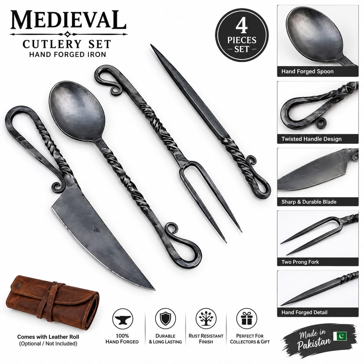 Medieval Hand Forged Iron Cutlery Set 4 Piece Rustic Spoon Fork Knife Twisted 