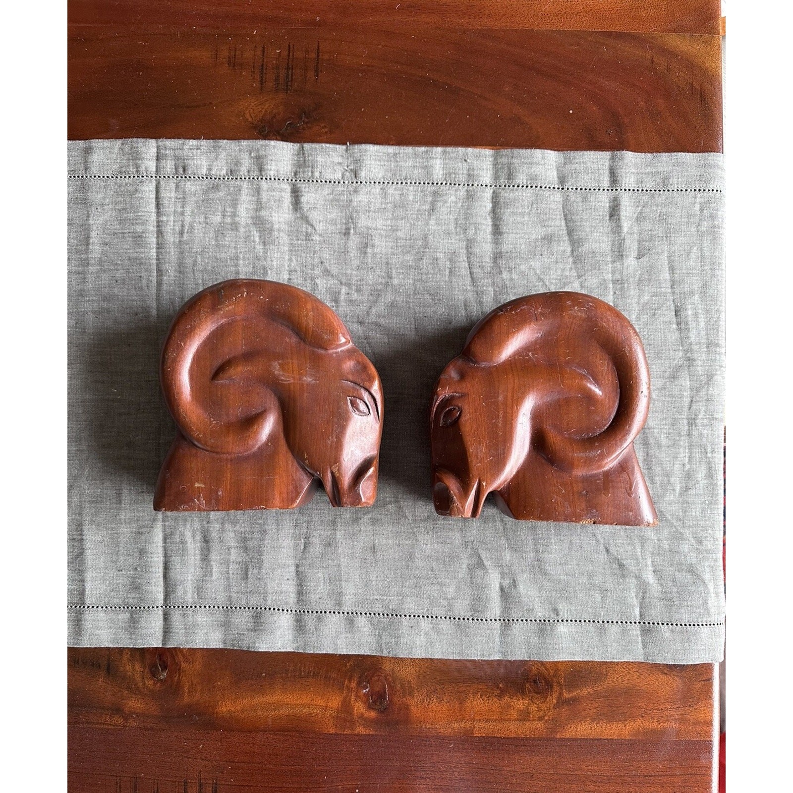 Vintage Ram Aries Mahogany Hand Carved Solid Wood 2Bookends Busts Mcm Decor Pair Vintage Ram Aries Mahogany Hand Carved Solid Wood 2Bookends Busts Mcm Decor Pair